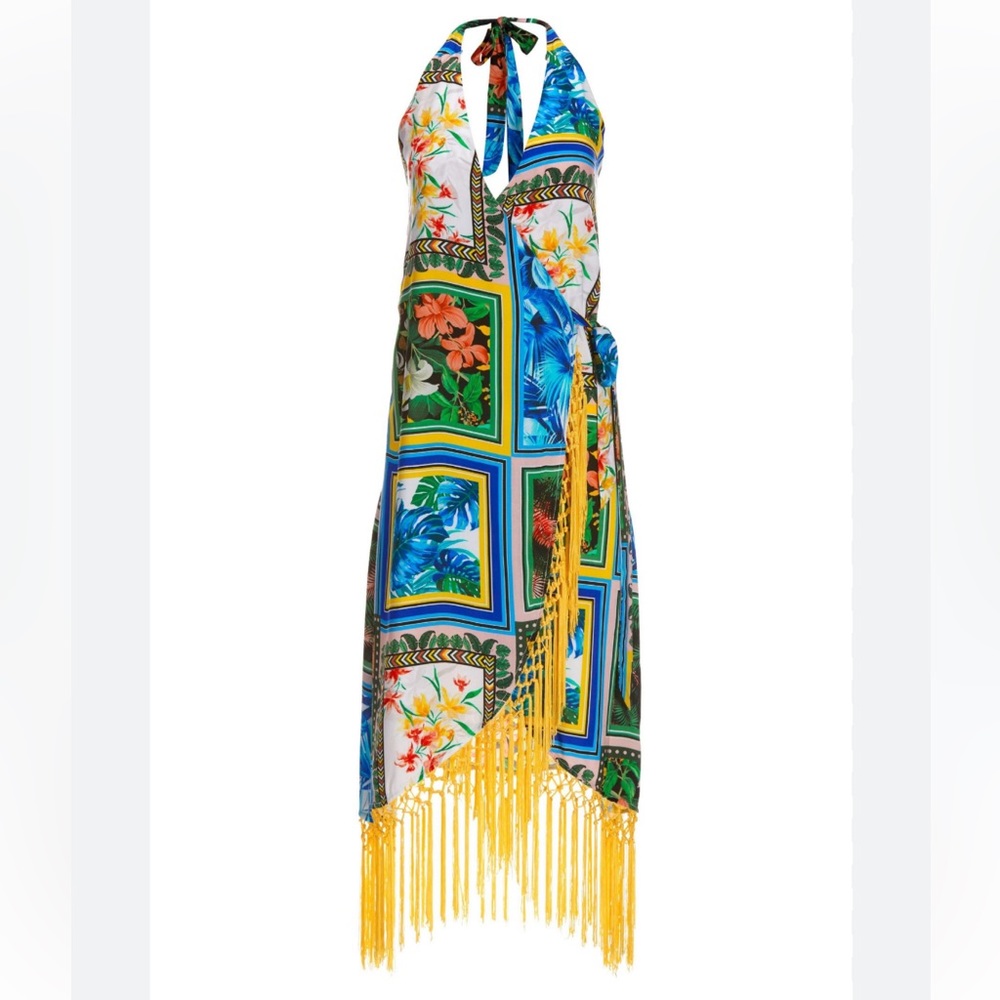 NWT Boston Proper Patchwork Fringe Wrap Dress Tropical Halter - Picture 2 of 10